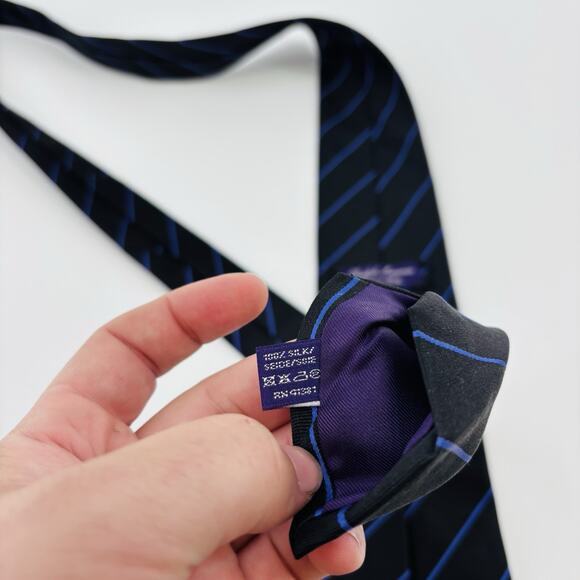 Vintage Ralph Lauren Purple Label Tie Italy Silk Navy Blue Stripe - Picture 6 of 6